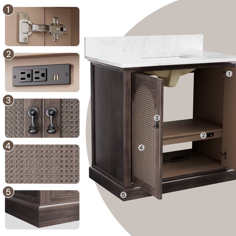 36" Bathroom Vanity with Single Sink, Double Doors, Rattan Accents & Marble-Style Top