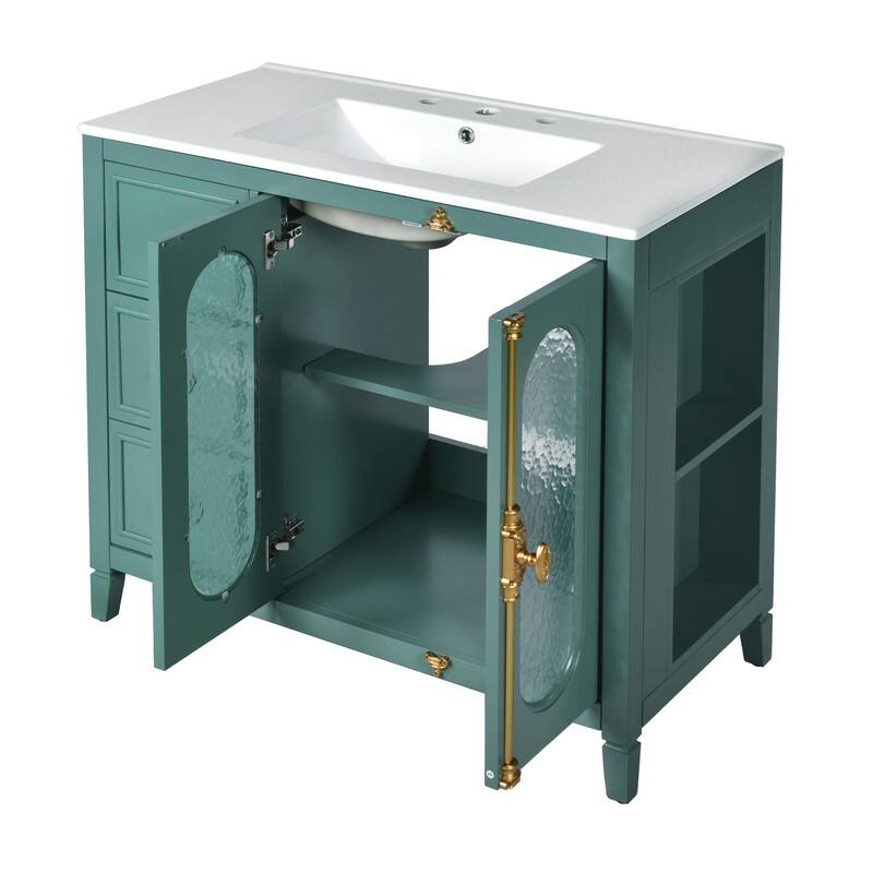 Bathroom Vanity with 36-inch Sink, Wood Modern Bathroom Storage Cabinet with 3 Drawers & 2 Soft Close Glass Doors