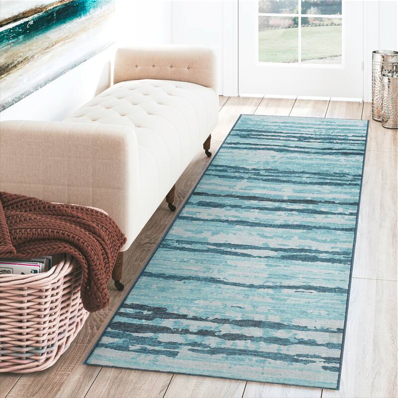 Indoor/ Outdoor Bravado Abstract Striped Baja Washable Area Rug - 2' x 7'6" - Blue