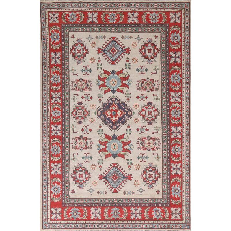 Hand Knotted Oriental 100% Wool Carpet Traditional Geometric Beige & Ivories Kazak Area Rug - 8' 11'' X 5' 11''