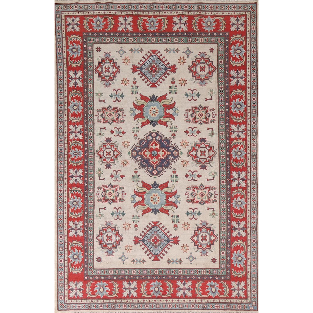 Hand Knotted Oriental 100% Wool Carpet Traditional Geometric Beige & Ivories Kazak Area Rug - 8' 11'' X 5' 11''