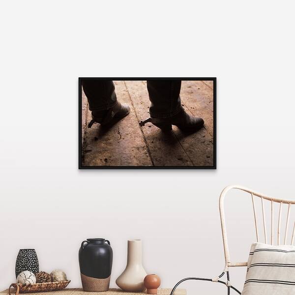 Cowboy Boots With Spurs On Boardwalk At Fairplay Colorado Black Float Frame Canvas Art Overstock 25527236