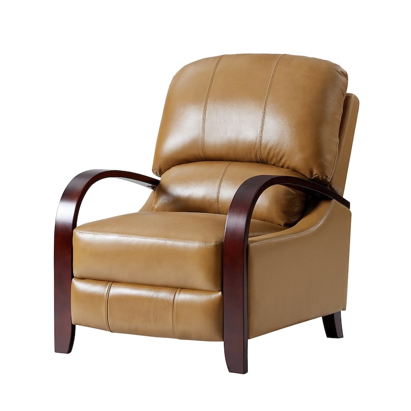 Alex Mid-century Modern Genuine Leather Manual Recliner with Wooden Curved Arms