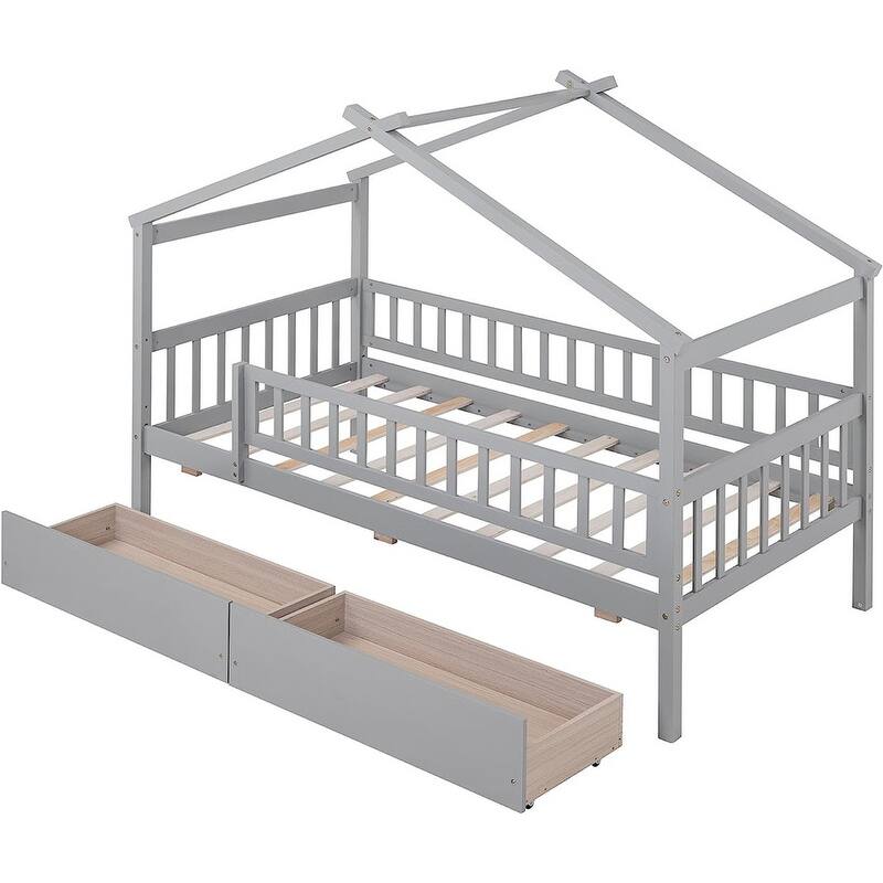 Twin House Bed with 2 Storage Drawers,Rails and Roof for Kids