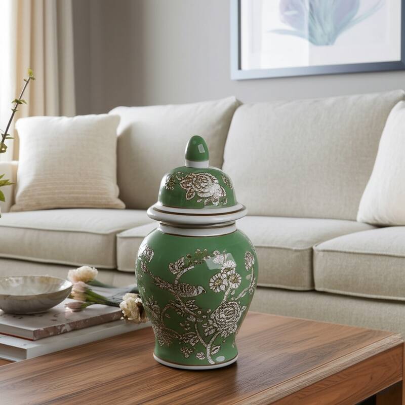 Ceramic Decorative Temple Jar Bird Flower with Lid for Home Decor