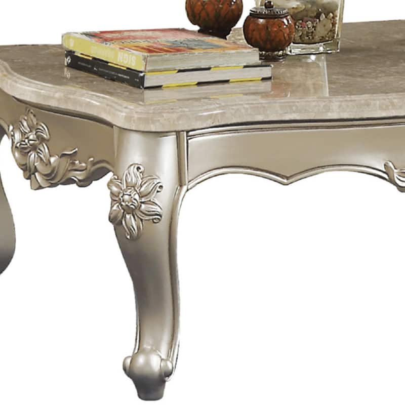 Traditional Style Rectangular Wood and Marble Coffee Table, Silver