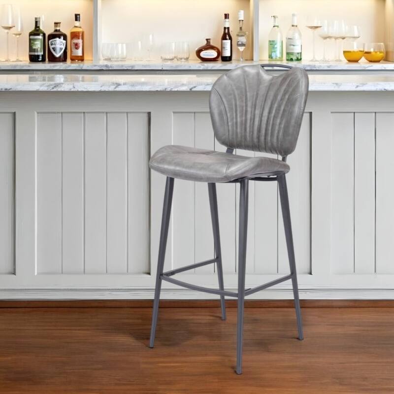 30-Inch Modern Grey Faux Leather Bar Stool with Low Back and Footrest Steel Frame Bar Height Chair - 43.7”H x 18.1”W x 23.2”D