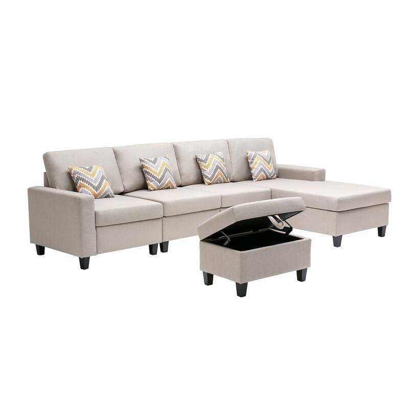 Linen Fabric 5 Piece Reversible Sofa Chaise with Interchangeable Legs, Storage Ottoman, and 4 Pillows in Beige