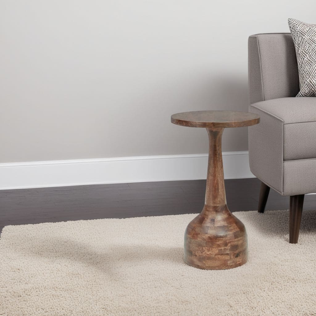 Accent Table, Solid Wood Turned Design, 14 Inch, Medium Brown Finish