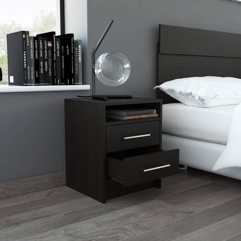 Wood 2-Drawer Nightstand with Shelf and Metal Accents