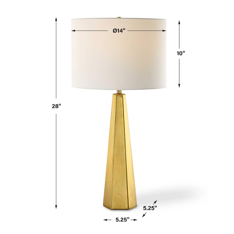Table Lamp, White Linen Shade, Gold Ceramic Geometric Base, 28 Inch