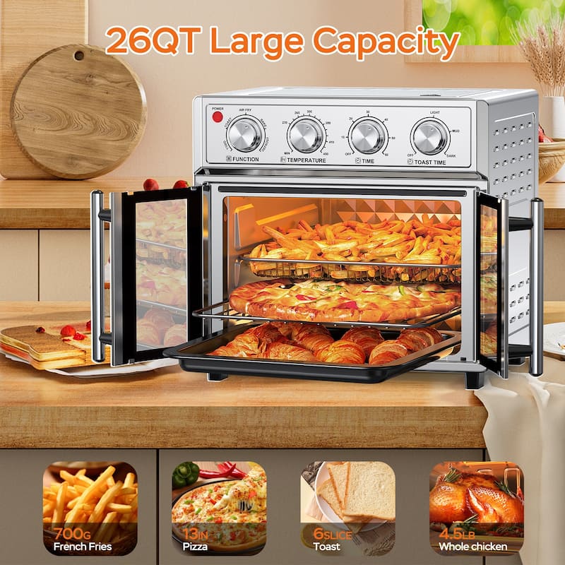 Anmytek 26QT Extra-Large French Double-Door Air Fryer Oven - 7-in-1 Toaster Oven with 7 Preset Menus, 1700W