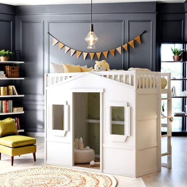 slide 2 of 16, Twin Size House Loft Bed With Ladder-White White