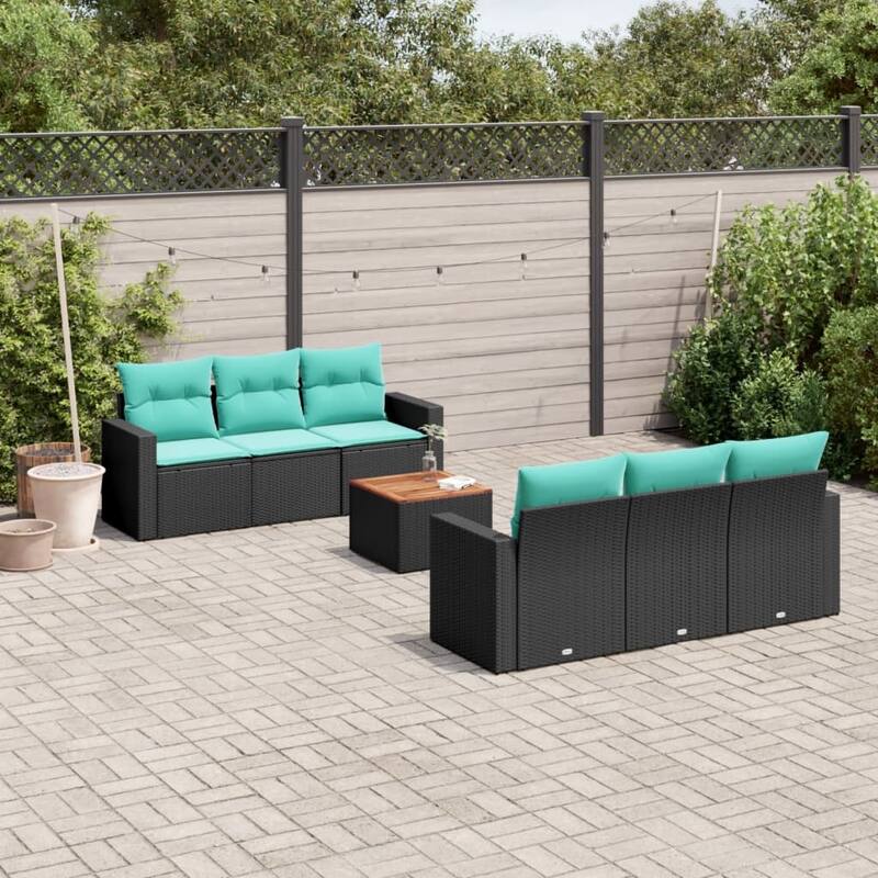 vidaXL Patio Sofa Set with Cushions Outdoor Furniture 7 Piece Poly Rattan - 25.8x 24.4x 27.2 - Black and Blue