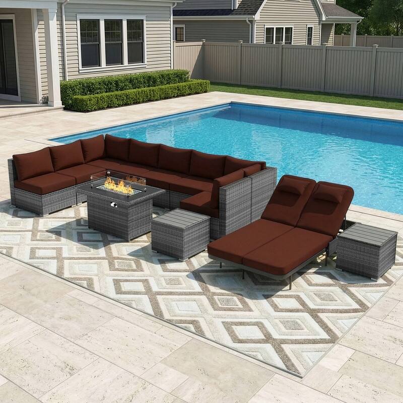 Outdoor Sectional Conversation Set PE Wicker with Double Chaise Lounge, 60,000 BTU Fire Pit Table - 12-Piece/Table-A - Red