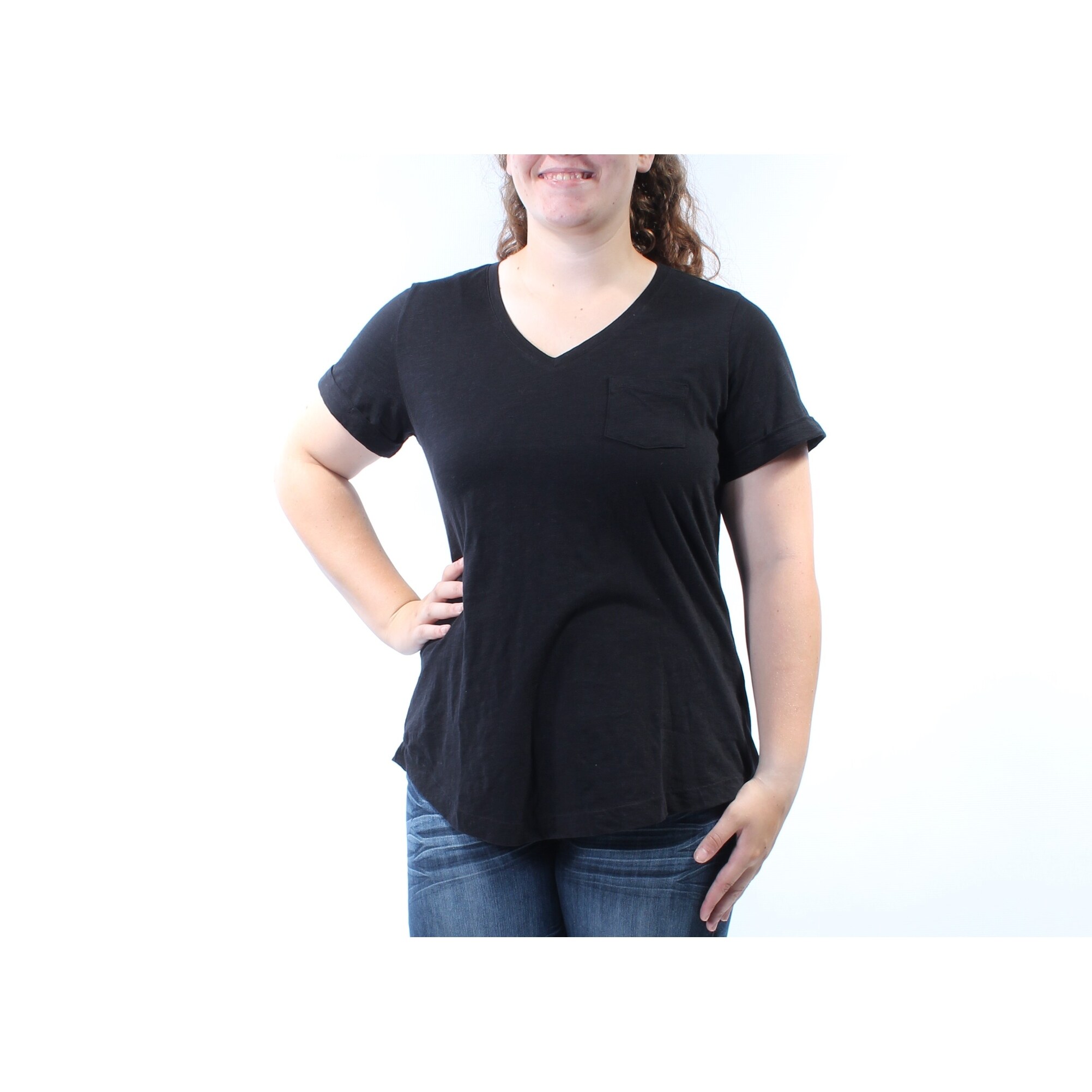 Shop Style Co Womens Black Pocketed Cuffed V Neck T Shirt Top