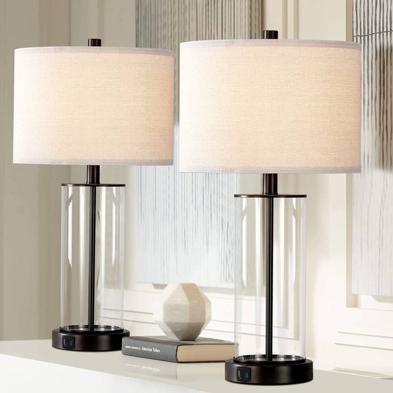 KAWOTI 23 inch Glass Table Lamp Set with Bulbs and USB Ports (set of 2)