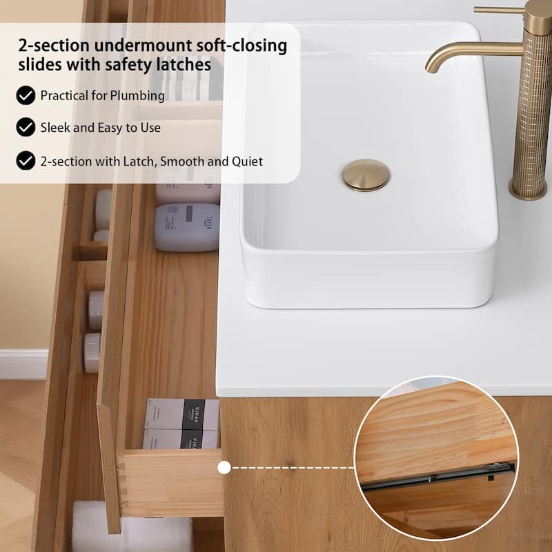 Sylphar 60 inch Toffee Oak Floating Bathroom Vanity with White Quartz Top