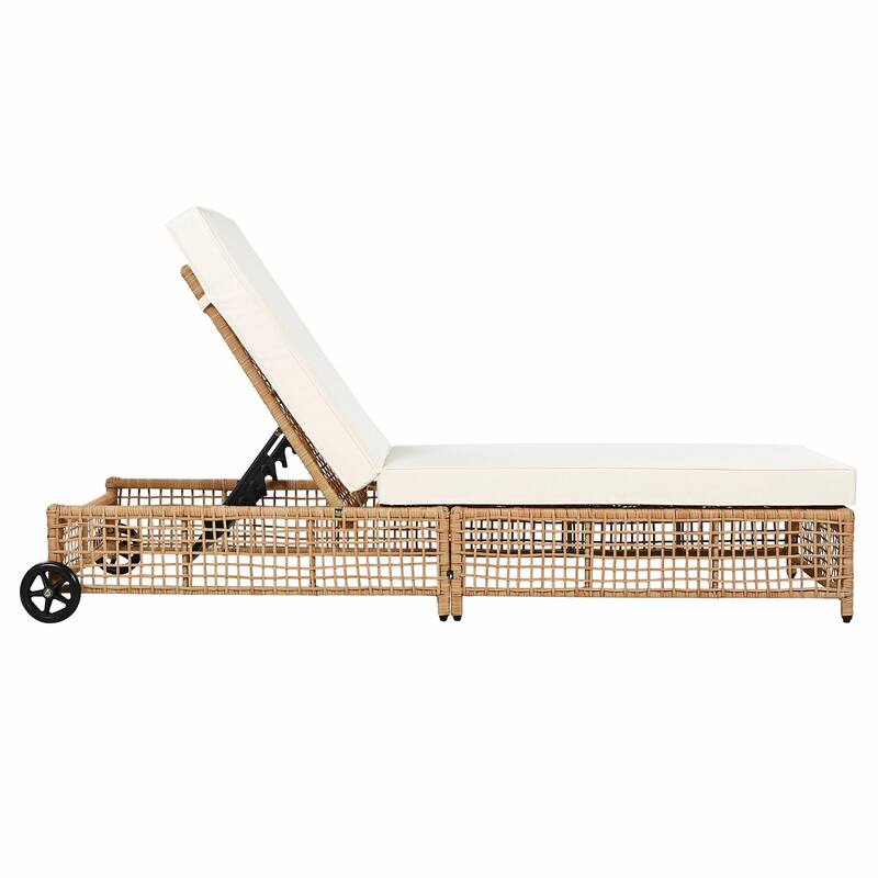 Outdoor Lounge Chair - Rattan Patio Chaise Lounge with 5-Position Backrest, Cushion, and Wheels