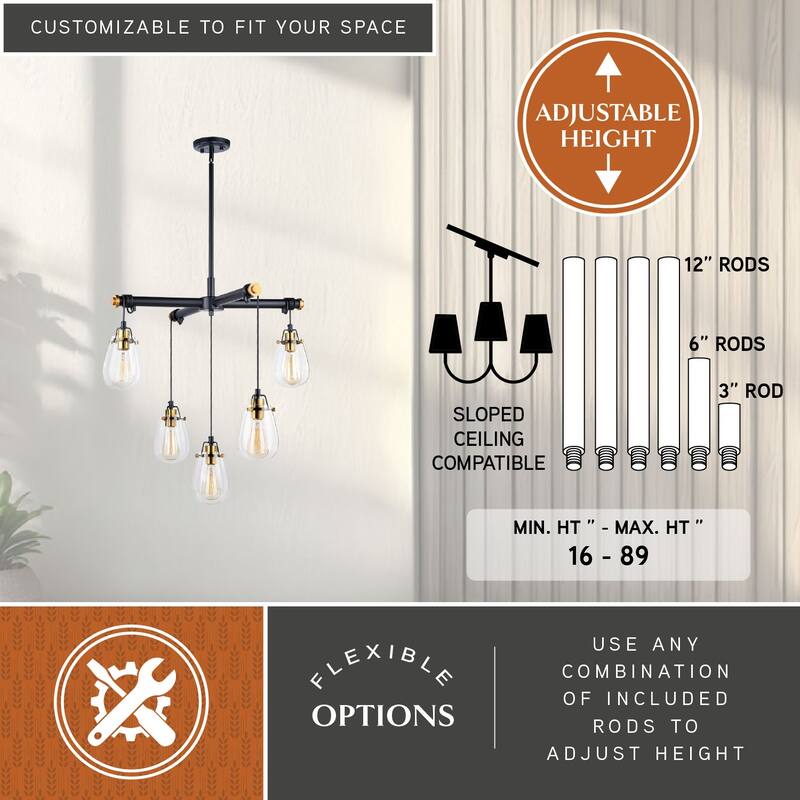 Kassidy 5-Light Industrial Black and Brass Chandelier with Teardrop Glass - 26.5-in W x 16-in H x 26.5-in D