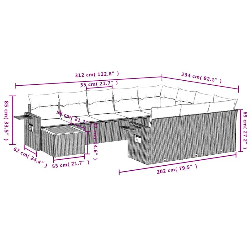 vidaXL 11 Piece Patio Sofa Set with Cushions Black Poly Rattan - 24.4" x 24.4" x 27.2"