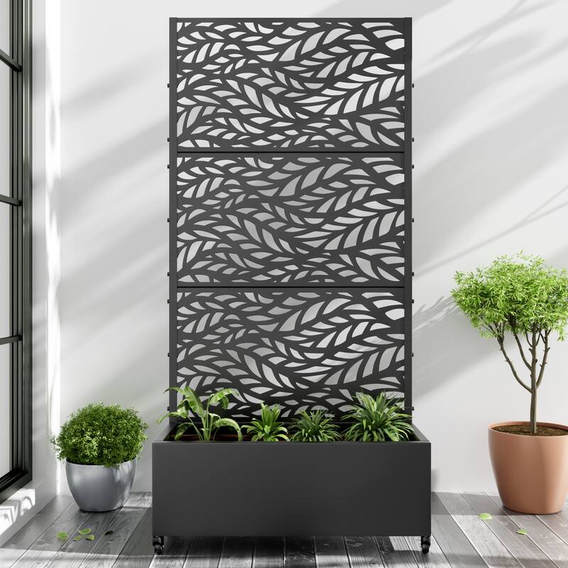 Metal Movable Planter Box with Trellis Privacy Screen Planter Box with Lockable Wheels - Black2