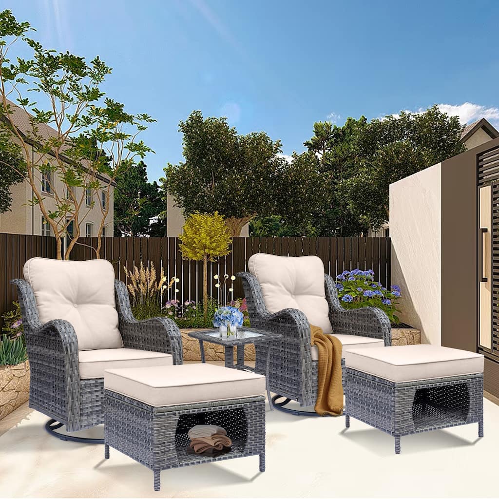High Back Wicker 5 Piece Patio Set-Outdoor Swivel Chair with Ottoman - 5 Piece