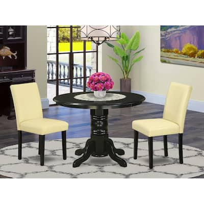 Round Dining Table Set 3pc 42 Inch Table w/ 2 Parsons Chairs - Eggnog PU Leather & Black Legs