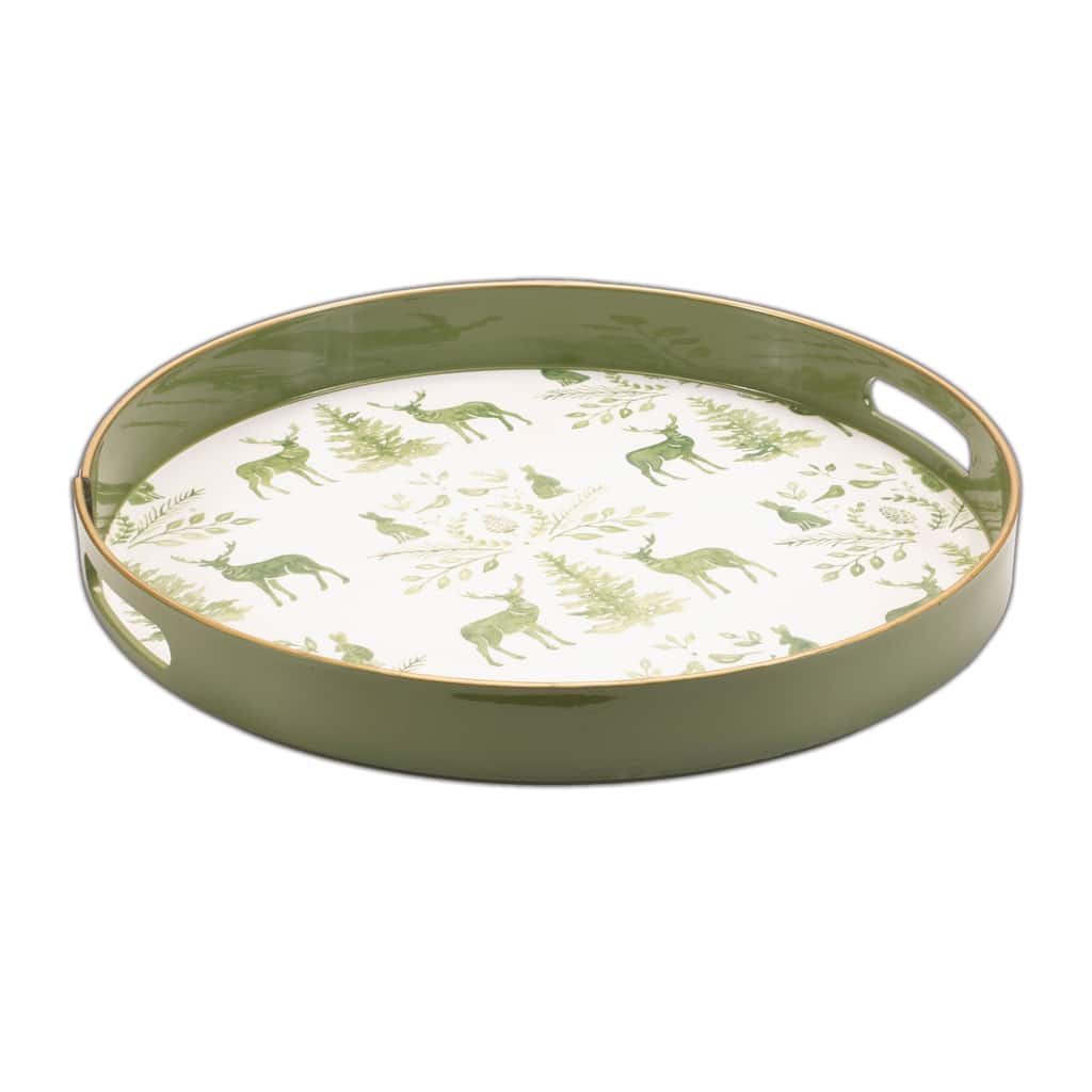 Round Deer and Pine Tree Print Tray 13.5"H