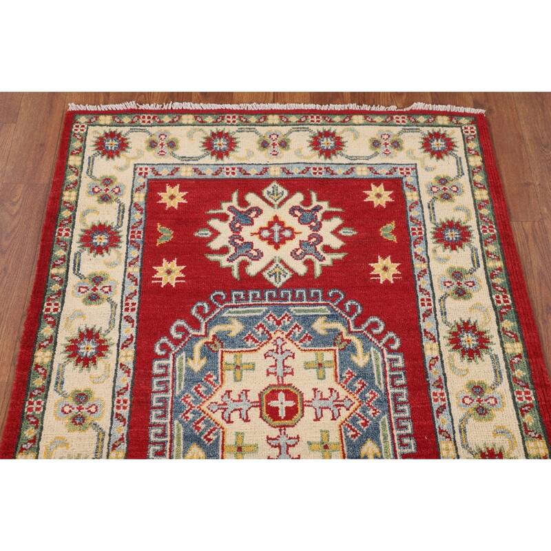 Red Geometric Kazak Foyer Rug Hand-Knotted Wool Carpet - 2'10" x 4'2"