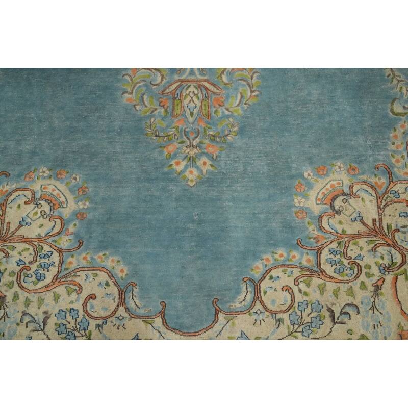 Hand Knotted Oriental 100% Wool Carpet Traditional Floral Navy Blue & Blues Kerman Area Rug - 10' 1'' X 7' 5''