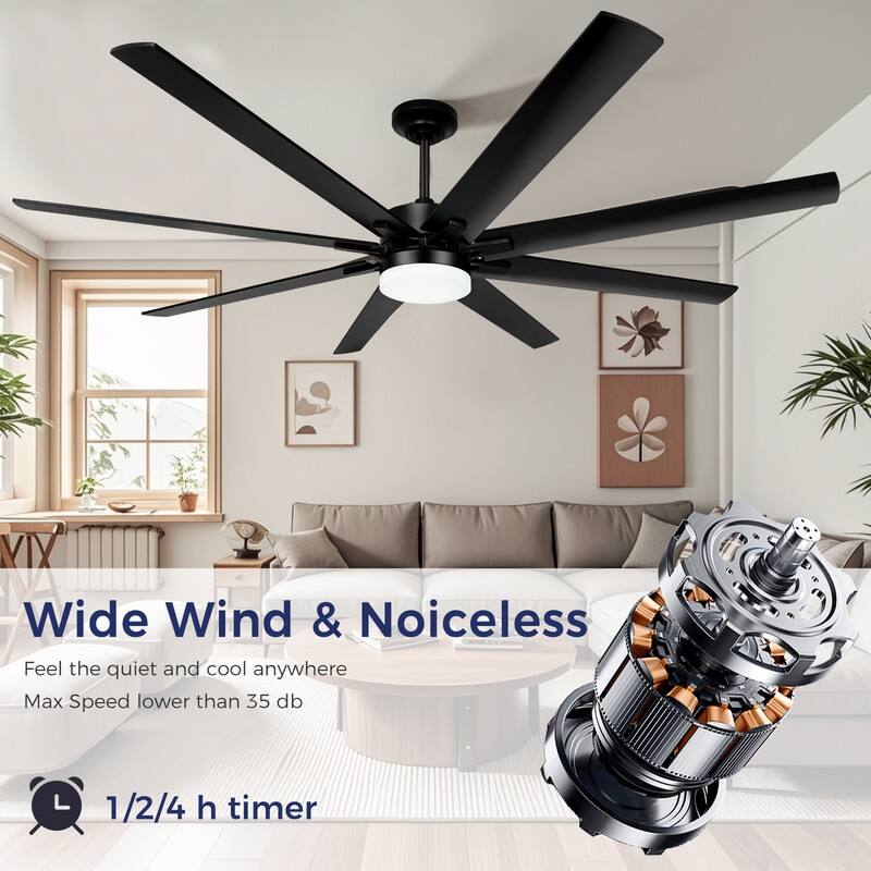72 in. Indoor Black Large Industrial Ceiling Fans with Lights and Remote Control, Reversible, 8 Aluminum Blades
