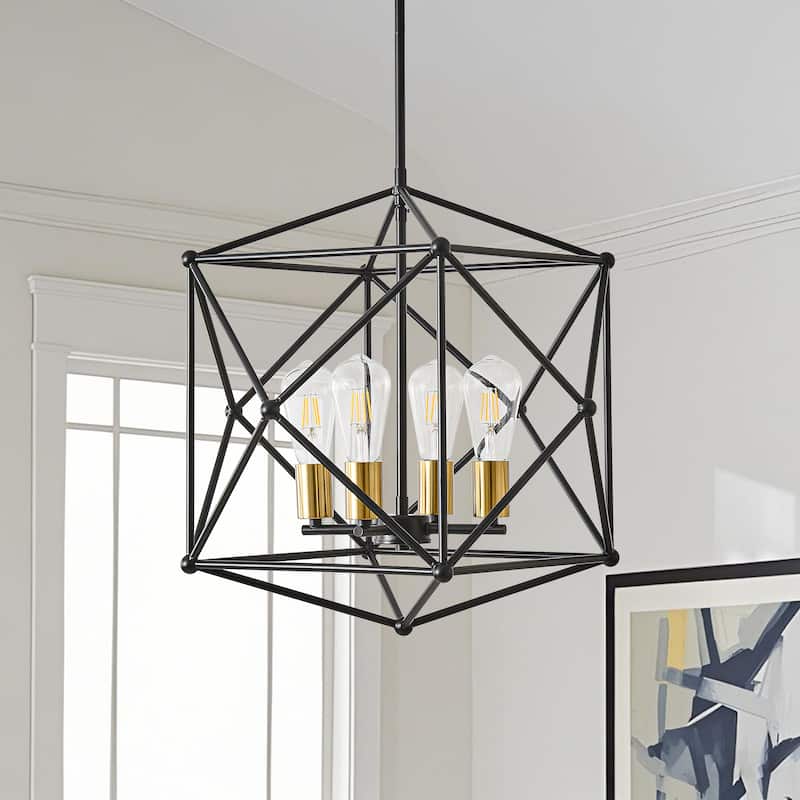 4-Light Geometric Black Metal Cage Chandelier with Gold - Accent Bulb Bases - Matte Black - Matte Black