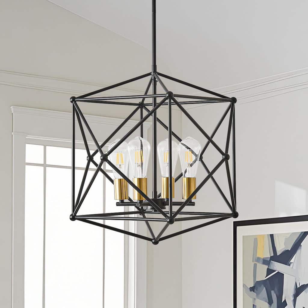 4-Light Geometric Black Metal Cage Chandelier with Gold - Accent Bulb Bases - Matte Black