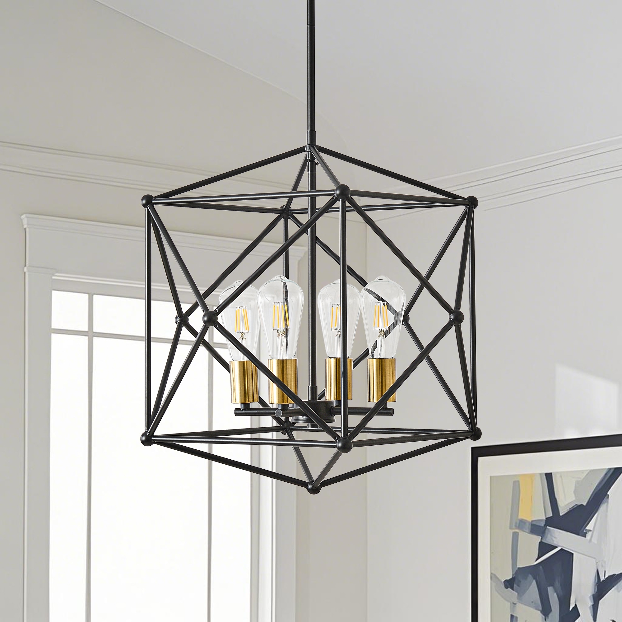 4-Light Geometric Black Metal Cage Chandelier with Gold - Accent Bulb Bases - Matte Black