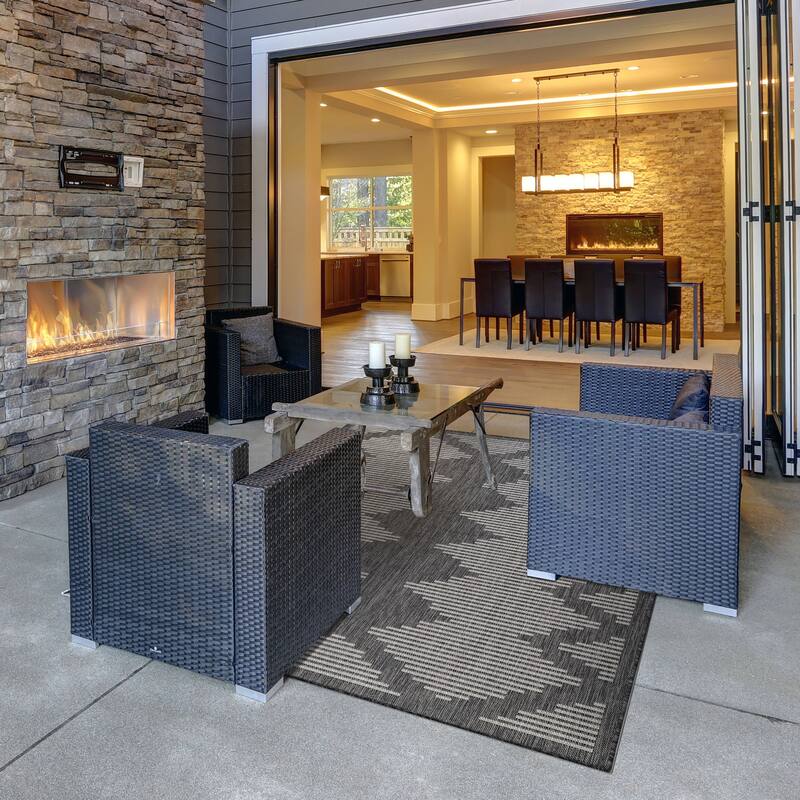 Beverly Rug Dark Grey Geometric Indoor Outdoor Rug, Outside Carpet for Patio, Deck, Porch