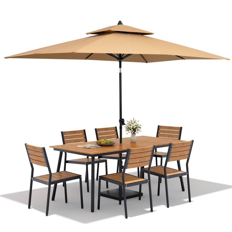9 PC Outdoor Patio Dining Set Wood-Like Aluminum Umbrella Hole Table with Stackable Chairs,Double Top Market Umbrella and Base