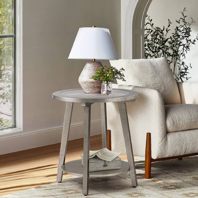 SUNBURY Solid Wood Tempered Glass Side Table with Storage Shelf - 1PC-Matte Silver