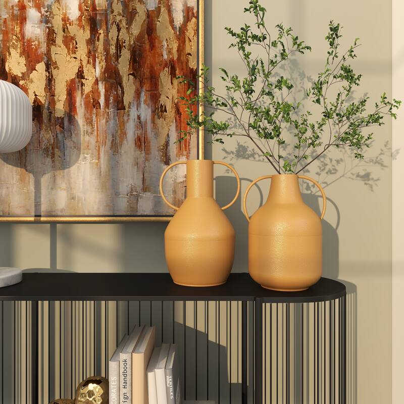 Yellow Metal Decorative Vase with Handles (Set of 2)