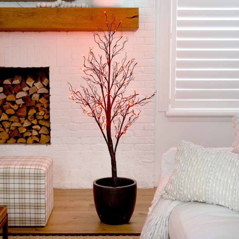 Pre-Lit Artificial Black Twig Halloween Tree - 5' - Purple and Orange LED Lights