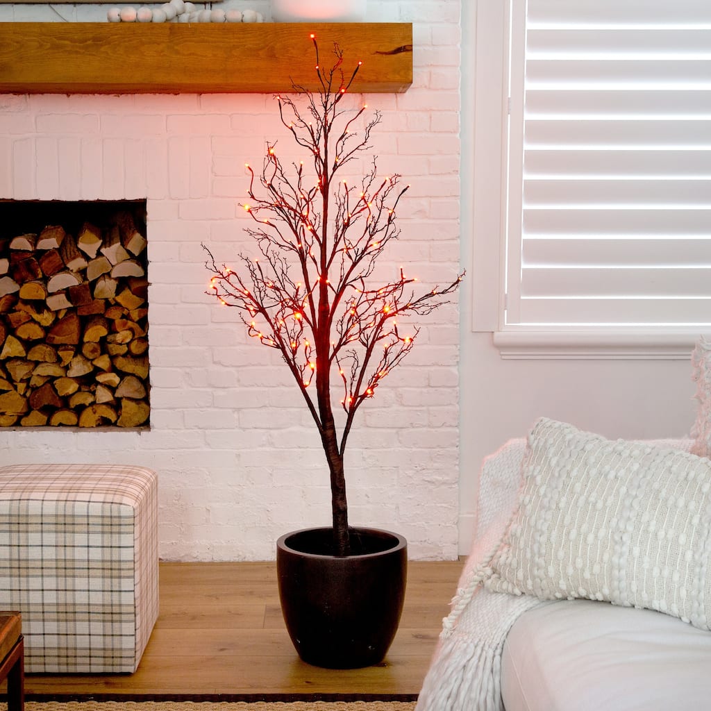 Pre-Lit Artificial Black Twig Halloween Tree - 5' - Purple and Orange LED Lights