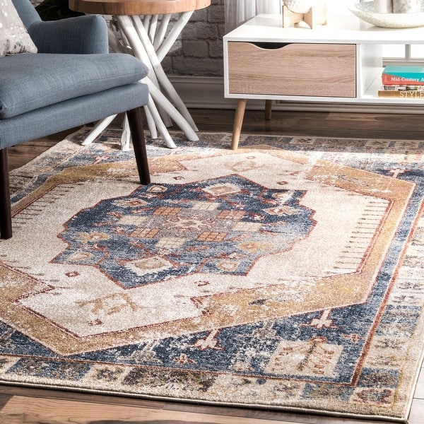 slide 2 of 11, Nuloom Blue Transitional Vintage Glossy Shay Medallion Faded Border Area Rug