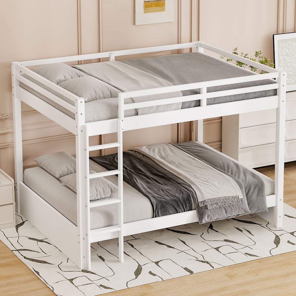 Wood Queen Size Bunk Bed with Ladder and Guardrails, No Box Spring Required