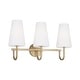 preview thumbnail 1 of 8, 24" W x 14.5" H 3-Light Vanity with Tapered Soft White Glass - 24"W x 13.25"H x 8"E Aged Brass