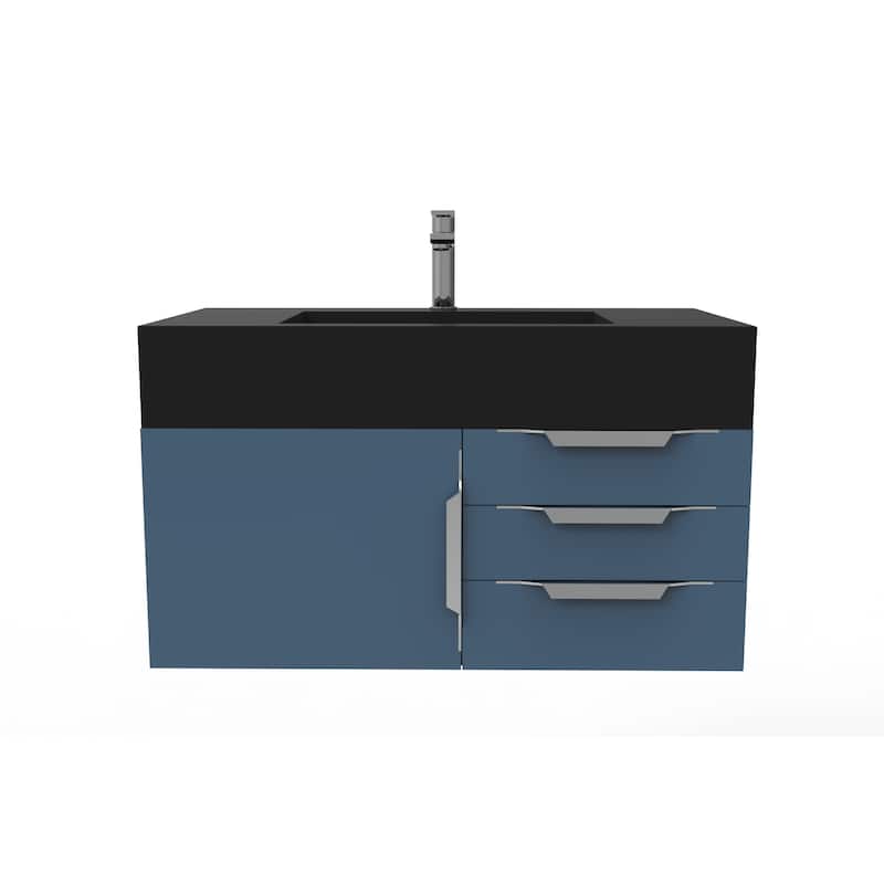 Nile 36" Wall Mounted Bathroom Vanity Set w/ Black Top - Blue - Brushed Nickel Finish