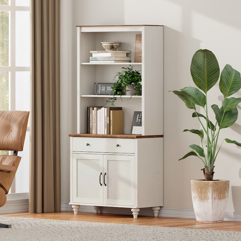 White Bookcase with Doors, Large Wood Farmhouse Book Case Shelf - 1 drawer and 2 doors