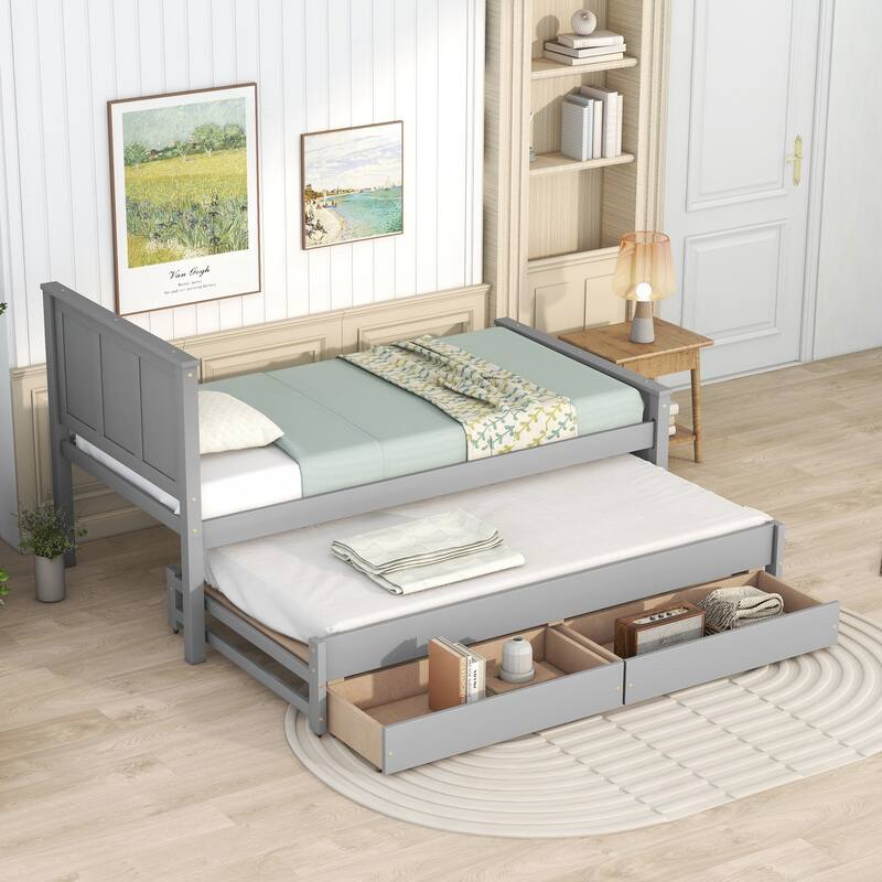 Twin Platform Bed with Trundle and Two Storage Drawers, Solid Pine Wood Frame, Space-Saving Design
