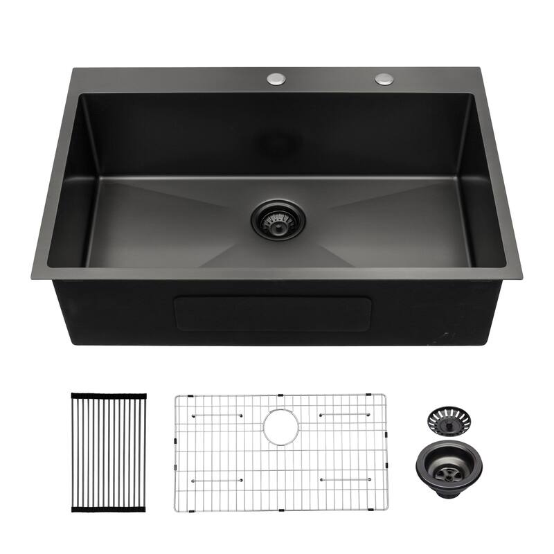 Drop In Gunmetal Black 16 Gauge Stainless Steel 33" Single Bowl Topmount Kitchen Sink Basin