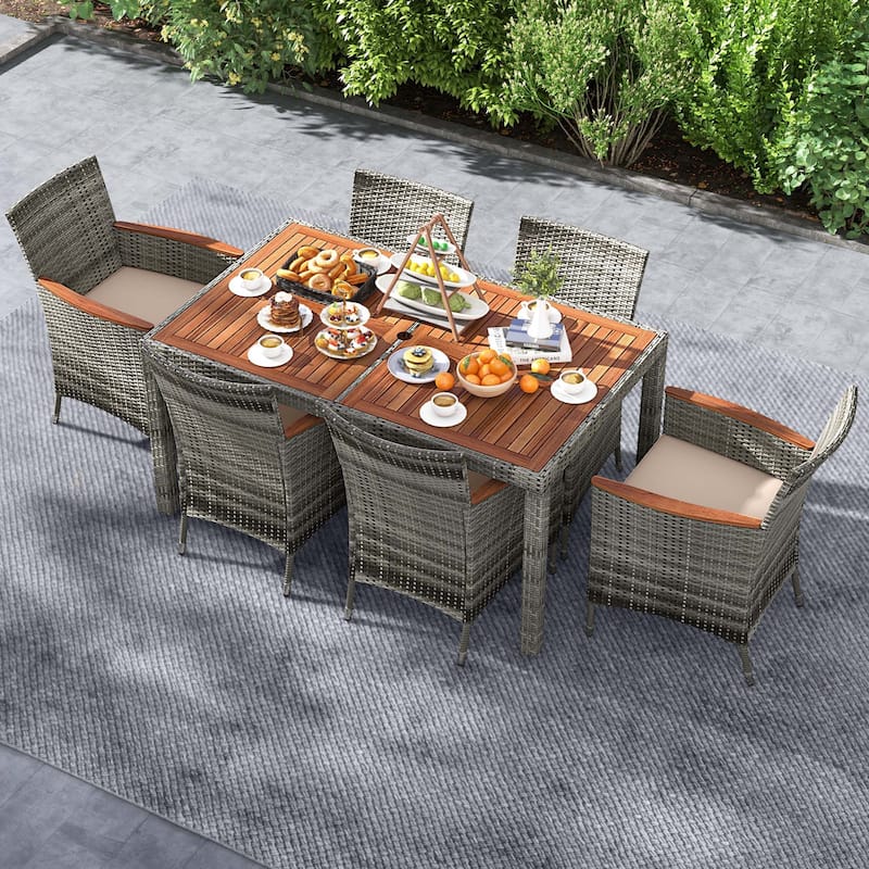 Costway 7 Pieces Outdoor Wicker Dining Set with Acacia Wood Table and - See Details