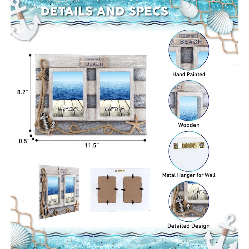 CoTa Global Silver Sea Double Photo Frame 3.5×5 - Decorative Ornament - 11.5″Lx8.2″Wx0.5″H